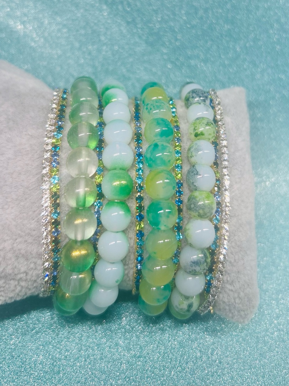 Green 11 Pc Stretch Bracelet Stack Glass & Rhinestones